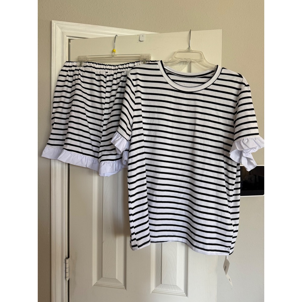 Imily Bela Womens Striped short Set Ruffle Sleeve Shorts 2 Piece Black White XL